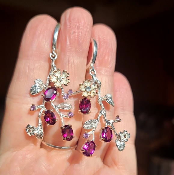 Natural Kharma by Avelon Jewelry - Rhodolite Amethyst & Aquamarine Sterling &gold Dogwood branch earrings